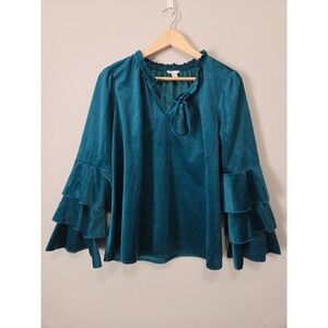 Cato Teal Velvet Ruffle Tiered Bell Sleeve Blouse Tassel Tie V-Neck Top‎ Large